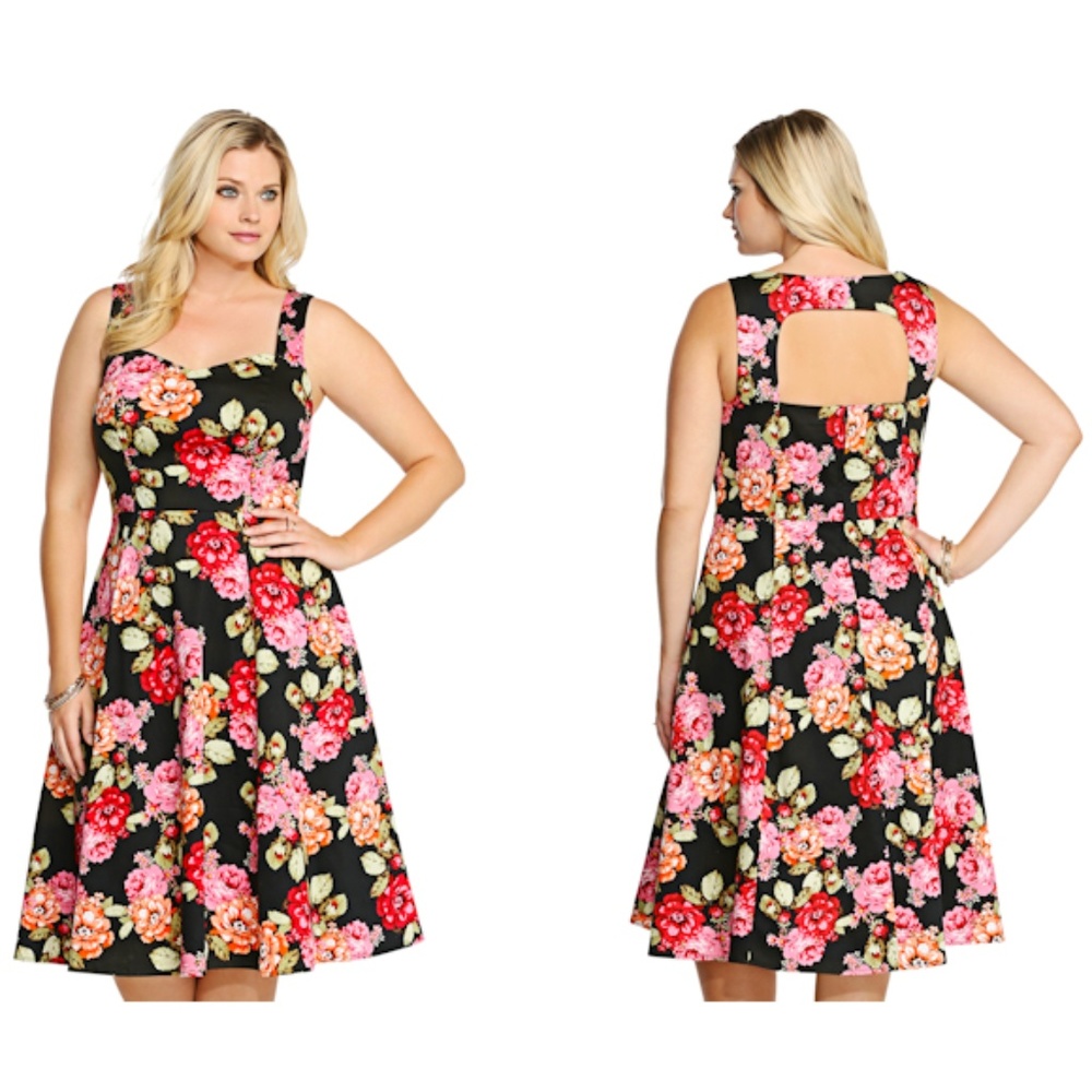 torrid Black Floral Midi Dress with Pink & Red Roses